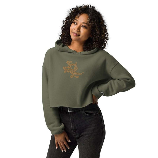 God, Goals & Glitter Crop Military Green Hoodie